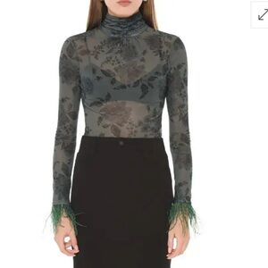 WAYF Lola Floral Print Feather Trim Turtleneck Bodysuit size S